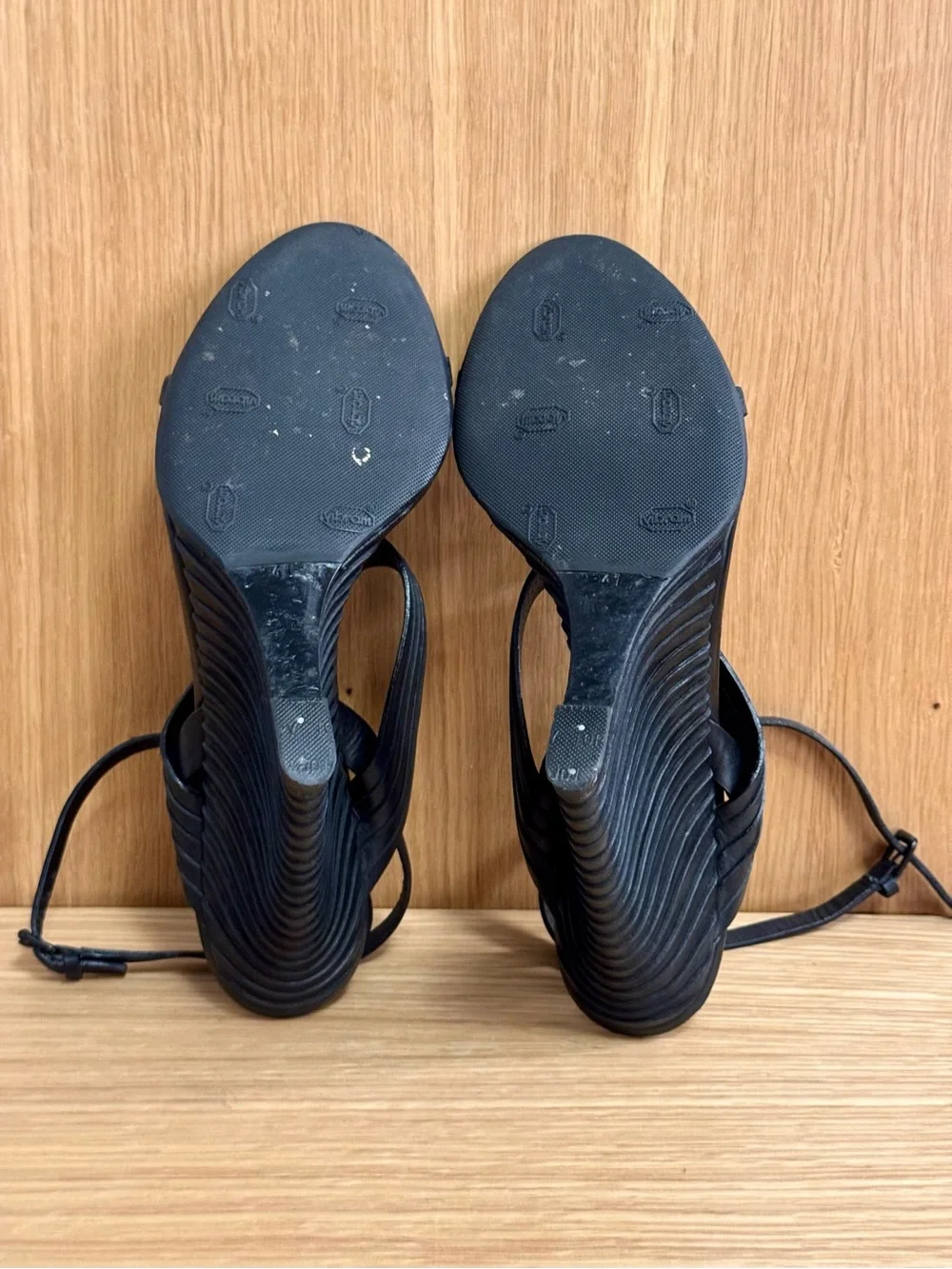 Bottega Veneta Black Leather Wrap-Around Wedge Sandals